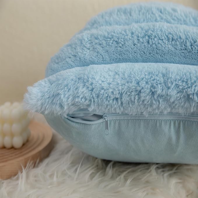Neelvin Blue Faux Fur Cozy Soft Striped Decorative Throw Pillow Covers 26x26 inch Set of 2,Velvet Pillowcase Cushion Case for Sofa Couch