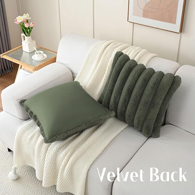 FUTEI Olive Green Decorative Throw Pillow Covers 24x24 Inch Set of 2, Square Soft Faux Rabbit Fur Big Striped Pillow Sham,Home Decor for Couch Sofa Bed Living Room