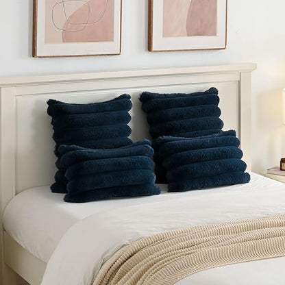 FUTEI Navy Blue Decorative Throw Pillow Covers 26x26 Inch Set of 2, Square Soft Faux Rabbit Fur Thick Striped Euro Pillow Shams,Winter Home Decor for Couch Bed Living Room
