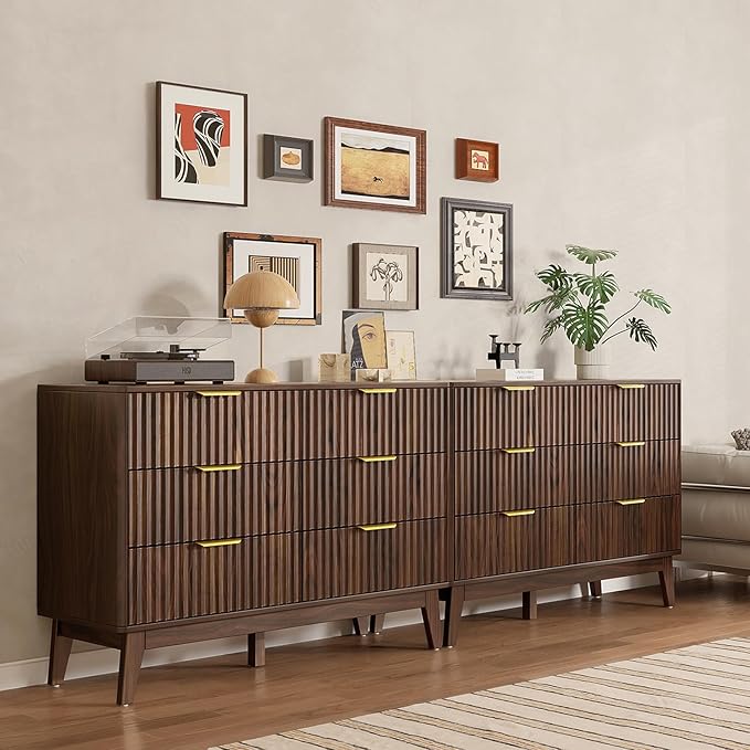 Modern 6 Drawer Dresser, Walnut, Fluted Wave Design, Rounded Corners, Mid Century Dresser TV Stand, 48" Wide Chest of Drawers for Bedroom and Living Room