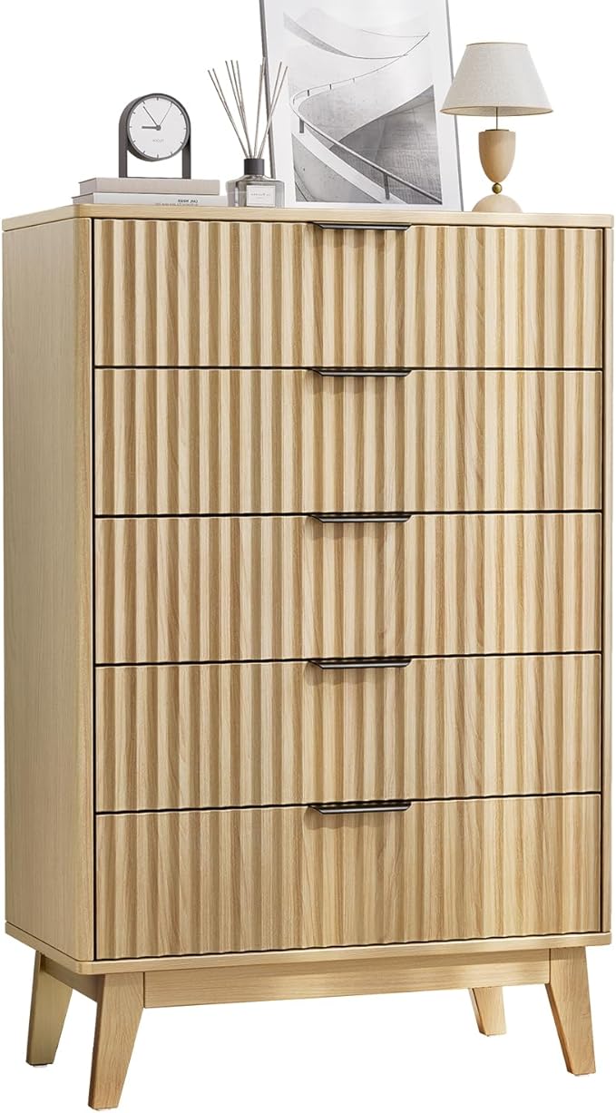 Modern Fluted 5 Drawer Tall Dresser, 48" H, Natural Oak, Curved Profile Design, Mid Century Wood Chest of Drawers for Bedroom, Living Room, Hallway