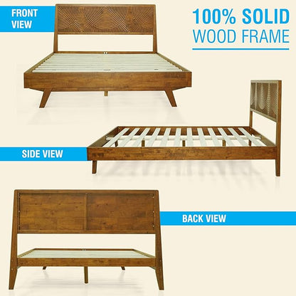 Acacia Harmony Queen Platform Bed Frame – Solid Rubber Wood, Caramel Finish, Mid-Century Modern Style, Distinctive Circular Grain, 800lbs Capacity, No Box Spring Needed, Easy Assembly
