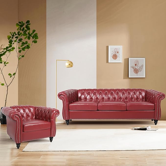 2 Piece Living Room Sofa Set, 3 Seater Faux Leather Sofa Couch and Chair Set, Mid Century Modern Upholstered Couch with Cushions, Comfy Tufted Chesterfield Couches for Bedroom, Office (Wine Red)