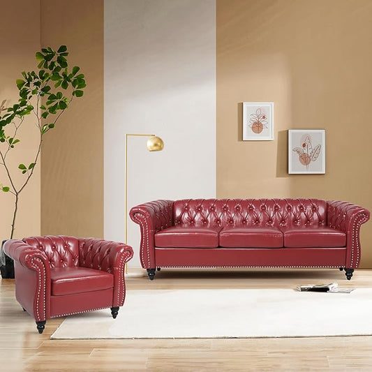 2 Piece Living Room Sofa Set, 3 Seater Faux Leather Sofa Couch and Chair Set, Mid Century Modern Upholstered Couch with Cushions, Comfy Tufted Chesterfield Couches for Bedroom, Office (Wine Red)