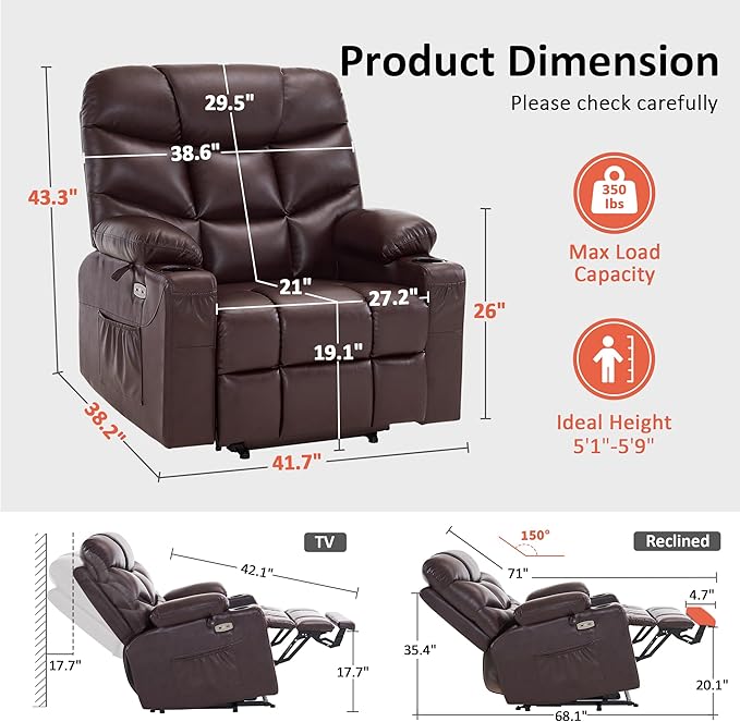 MCombo Oversized Power Lift Recliner Chair with Extended Footrest for Elderly People, Faux Leather R7289 (Dark Brown, Oversize)
