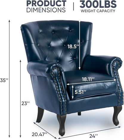MOJAY PU Leather Accent Chair, Mid-Century Modern Armchair Living Room Club Chair with Tufted Button & Rivet Trim, Upholstered Sofa Chair with Sturdy Wood Legs for Bedroom (Navy)
