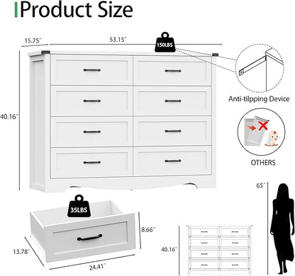 Dresser for Bedroom with 8 Drawers, 54" Wide Wood Chest of Drawers with Deep Drawers & Mental Handle, Modern Dresser TV Stand, Wooden Closet Storage Organizer for Living Room, Hallway, Entryway, White