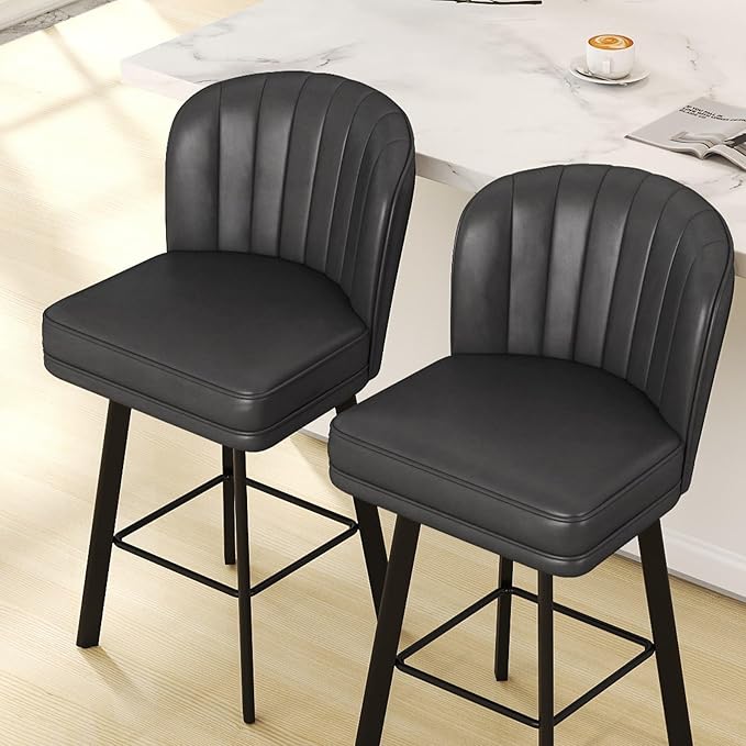 Swivel Counter Height Bar Stools Set of 4, 30'' Modern Barstools with Backs and Metal Legs, Upholstered Bar Chairs, Faux Leather Black Stools for Kitchen Island Chairs