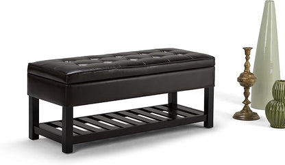 SIMPLIHOME Cosmopolitan 44 inch Wide Transitional Rectangle Storage Ottoman Bench with Open Bottom in Tanners Brown Vegan Faux Leather, Assembled for the Living Room and Bedroom