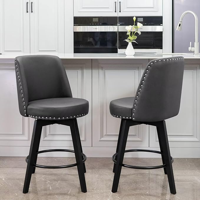 MINCETA Bar Stool, PU Leather Barstool, 26 Inch Upholstered Counter Stool with High Back and Footrest, Swivel Counter Height Barstool for Kitchen Island Home Bar Dark Gray