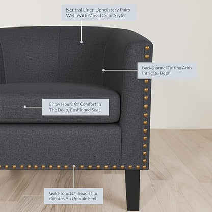 BELLEZE Accent Barrel Chair Set of 2, Modern Tub Club Chair Upholstered Armchair with Gold Nail Head Trim and Black Legs for Living Room Bedroom Apartment Lounge - Gray/Linen