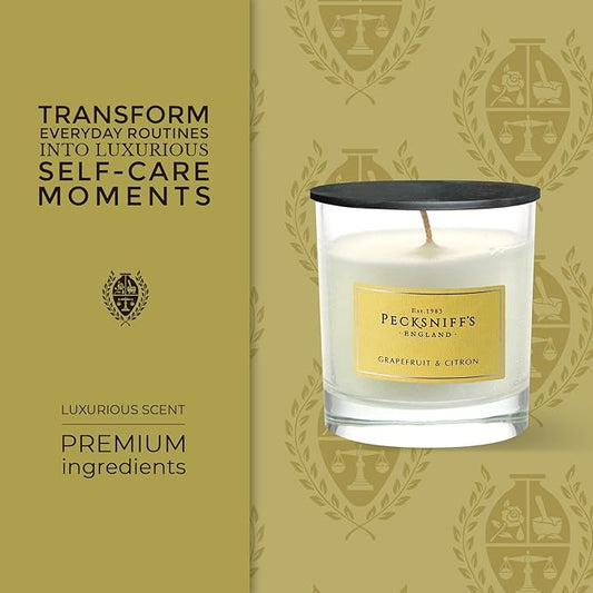 Pecksniffs Classic White Scented Candle 1 Wick - Grapefruit & Citron - Elegant Glass Vessel Luxury Candles - 184g/6.49oz