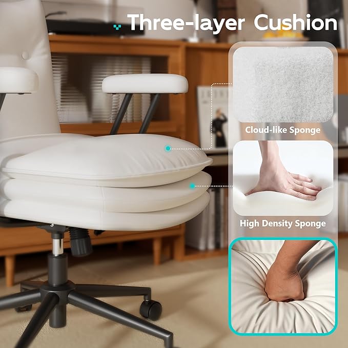 White Leather Office Chair with Wheels, Triple-Layers Thicken Wide Seat Height Adjustable, Mid Back, Comfy Desk Chair for Home, Office