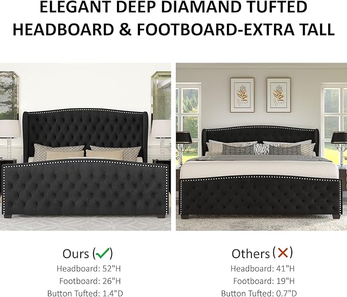 AMERLIFE California King Size Platform Bed Frame, Velvet Upholstered Bed with Deep Button Tufted & Nailhead Trim Wingback Headboard/No Box Spring Needed,Black