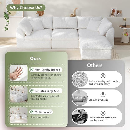 108" Boneless Cloud Couch Modular Sectional Sofa with Deep Seat for Living Room, L Shape Couch with Ottoman, Snowflake Cloth and 40D Memory Sponge，2 Throw Pillows (White, 3 Seater+1 Ottoman)