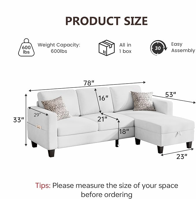 Sectional Sofa and Couches for Living Room, 78'' White 3 Seat L-Shaped Couch with Movable Ottoman, Comfy Velvet Convertible Sectionals Sofas with Chaise for Apartment, Office, Small Space