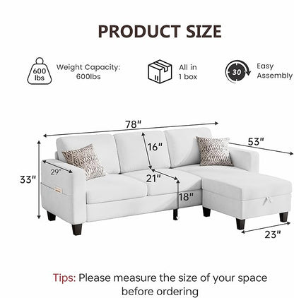 Sectional Sofa and Couches for Living Room, 78'' White 3 Seat L-Shaped Couch with Movable Ottoman, Comfy Velvet Convertible Sectionals Sofas with Chaise for Apartment, Office, Small Space