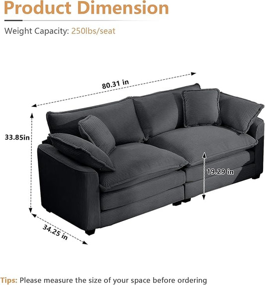 mikibama Luxury 2 Piece Sofa Set, 2 Pieces of Loveseat Couch, Modern Corduroy Comfy Cloud Couches Set for Living Room Office with 4 Armrest Pillows and 4 Toss Pillows, Grey