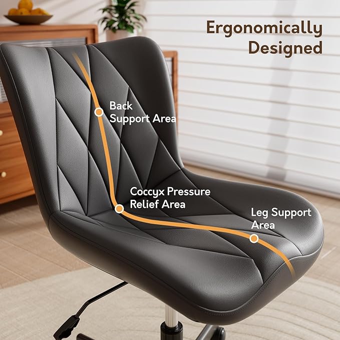 Armless Desk Chair, Morden Home Office Chair no Arms, Adjustable Height & Rocking Computer Chair, PU Leather Vanity Chair, Ergonomic Seat Soft Padded Desk Chairs for Home Small Space, Black