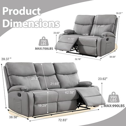 Manual Recliner Sofa Set Anti-Scratch 3 Seats Reclining, Sofa Couches with Side Pocket and Cupholders Wall Hugger Leather Couch for RV Living Room Home Theater Bedroom Apartment