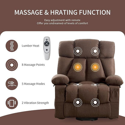 Oversized Power Lift Recliner Chair for Elderly, Big and Tall Lift Chair with Massage and Heat for Living Room, Fabric Electric Recliner Chairs with 4 Side Pockets, USB Charge Port,Brown