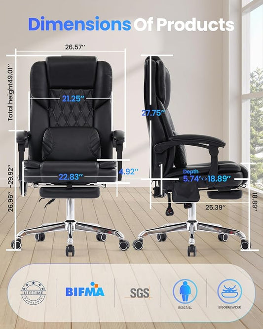 Big and Tall Office Chair 300lbs with 3D Kneading Massage Lumbar Support, Office Chairs for Back Pain Relief, Ergonomic Comfort 130° Reclining Desk Chairs Managerial Chairs for Heavy People