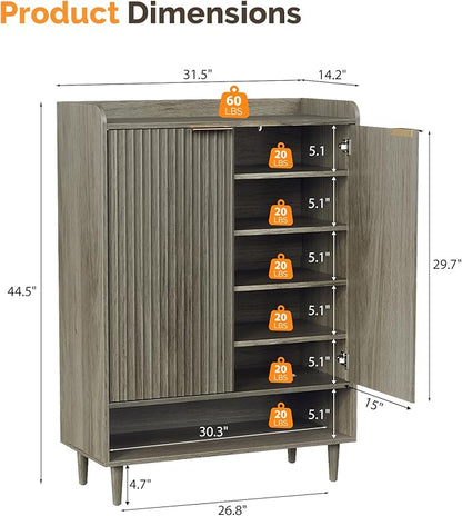 VINGLI Shoe Cabinet with Fluted Doors, 6 Tier Large Wooden Entryway Shoe Storage Cabinet with Adjustable Shelves,44.5" Tall Modern Freestanding Shoe Rack Organizer for Entryway, Hallway,Gray Oak