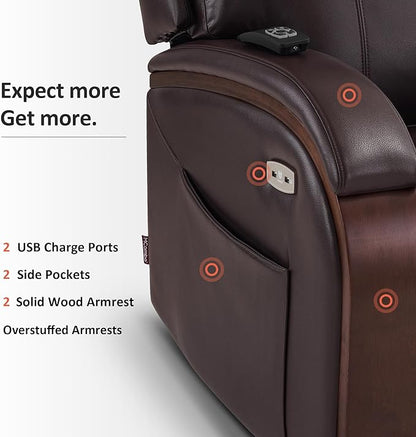 MCombo Power Lift Recliner Chair Sofa with Massage and Heat, Adjustable Headrest for Elderly People, Solid Wood Armrest, USB Ports, Side Pockets, Faux Leather 7917 (Dark Brown, Medium)