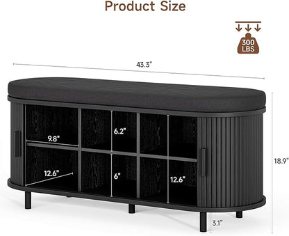 ONBRILL 43" Shoe Bench with Storage, Fluted Shoe Storage Bench with Cushion, Sliding Door and Adjustable Shelf, for Entryway, Hallway, Living Room (Black)