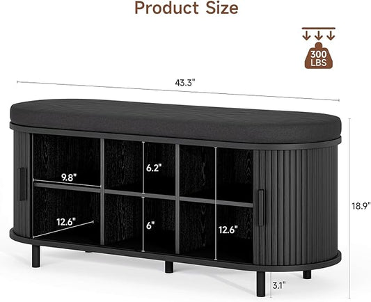 ONBRILL 43" Shoe Bench with Storage, Fluted Shoe Storage Bench with Cushion, Sliding Door and Adjustable Shelf, for Entryway, Hallway, Living Room (Black)
