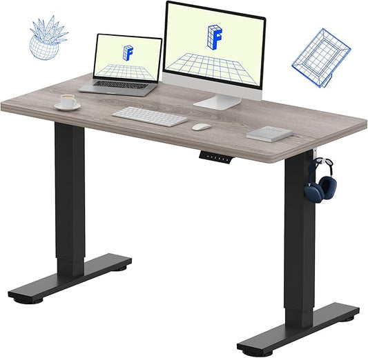 FLEXISPOT EN1 Whole-Piece Standing Desk 48 x 24 Inches Height Adjustable Electric Desk Sit Stand Desk Home Office Desks (Black Frame + Gray Wood Grain Top, 2 Packages)