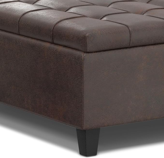SIMPLIHOME Harrison 40 inch Wide Transitional Square Large Coffee Table Storage Ottoman in Distressed Brown Vegan Faux Leather, Assembled, for The Living Room and Bedroom