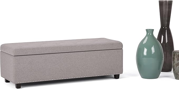 SIMPLIHOME Hamilton 48 inch Wide Transitional Rectangle Storage Ottoman in Cloud Grey Linen Look Fabric, Assembled, For the Living Room, Entryway and Family Room