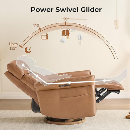 CHITA Genuine Leather Power Recliner Chair, Electric Triple-Motor Swivel Glider Nursery Rocking Chair with Adjustable Power Headrest and Lumbar Support, Solid Wood Base, Saddle Brown