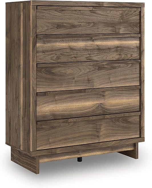 Signature Design by Ashley Darcalli Casual 5-Drawer Wide Chest with Easy Glide and Safety Stop for Bedroom, Light Brown