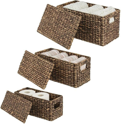 mDesign Woven Water Hyacinth Rectangle Storage Organizer Basket Bin with Topper Lid and Handles - Natural Farmhouse Holder Containers for Closet, Bedroom, Bathroom, Office - Set of 3 - Dark Brown