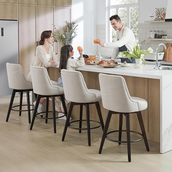 Watson & Whitely Modern Swivel Bar Stools, Performance Fabric Upholstered Counter Height Bar Stools with Back, Solid Wood Legs, 26" H Seat, Set of 2, Linen