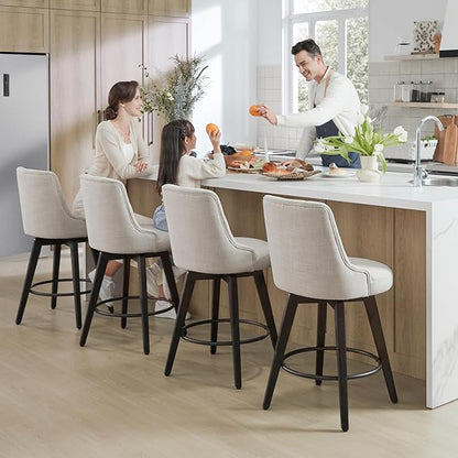 Watson & Whitely Modern Swivel Bar Stools, Performance Fabric Upholstered Counter Height Bar Stools with Back, Solid Wood Legs, 26" H Seat, Set of 2, Linen