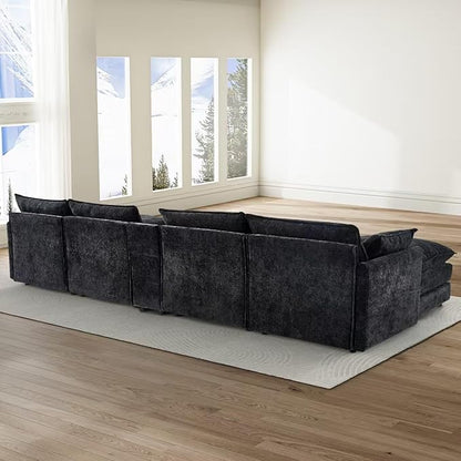 HYJT-H&K 145" U Shaped Cloud Couch Modular Black Fluffy Sectional Couches for Living Room, Comfy Chenille Oversized Cloud Couch Sectional, 6 Seat Large Sectionals Sofa Set Central Console USB
