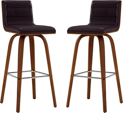 Vienna 30" Swivel Bar Stool in Walnut Wood Finish with Brown Faux Leather - Set of 2