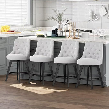 MINCETA Set of 4 Upholstered Bar Stools - 26 Inch Swivel Counter Height Stools with Low Tufted Back, Footrest & Performance Fabric - Round Seat for Kitchen Island & Home Bar Gray and Beige