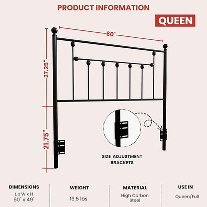 Victorian Metal Headboards, Adjustable Height Iron Frame, Rustic Farmhouse Style, Elegant and Durable Design, Easy Assembly, Universal Fit for Kids & Adults, Queen Size, Black Finish