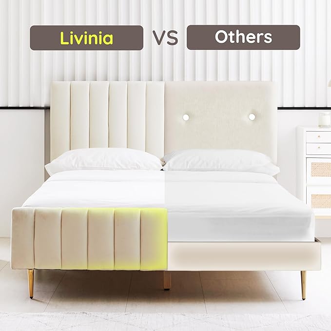 Livinia Twin Size Elton Velvet Platform Bed, Upholstered Bed Frame with Vertical Channel Tufted Headboard Footboard, Strong Wood Slats, No Box Spring Needed, Ivory (Twin)