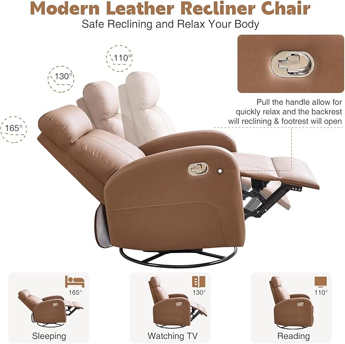 Swivel Rocker Recliner Chair, Manual Faux Leather Recliner, Glider Rocking Recliners 360°Swivel Nursery Reclining Chairs with Adjustable Headrest Highback for Living Room, Coffee