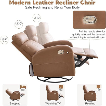 Swivel Rocker Recliner Chair, Manual Faux Leather Recliner, Glider Rocking Recliners 360°Swivel Nursery Reclining Chairs with Adjustable Headrest Highback for Living Room, Coffee