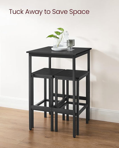 VASAGLE Bar Table and Chairs Set, Square Table with 2 Stools, Dining Pub Set for 2, Space Saving for Kitchen Breakfast, Living Room, Party Room, Ebony Black and Ink Black