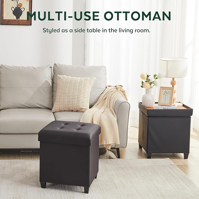 17.7" Ottoman with Storage, Square Storage Ottoman for Dorm, Faux Leather Ottomans with Legs for Living Room, Bedroom, Brown