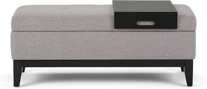 SIMPLIHOME Oregon 42 inch Wide Contemporary Rectangle Storage Ottoman Bench with Tray in Cloud Grey Linen Look Fabric, Assembled, For the Living Room, Entryway and Family Room
