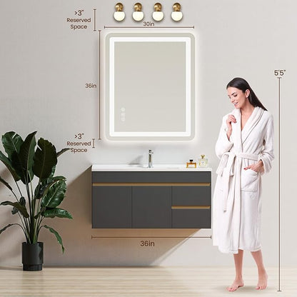 30" x 36" Led Bathroom Mirror with Lights, Anti-Fog & Tri-Color Lighting - Wall Mounted Shaving Mirror with Touch Sensor, Waterproof & Smart LED Vanity Mirror,Tempered Glass, Dimmable Smart Mirror