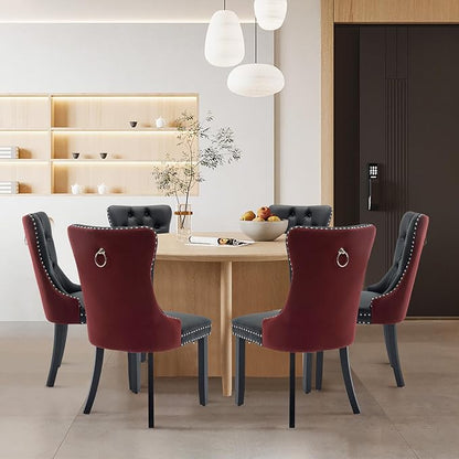 Leather Upholstered Dining Chairs Set of 8, Modern Style Kitchen Side Chairs with Nailhead Trim and Wood Leg, Metal Pulling Ring for Dining Room Living Room(Black&Wine Red)
